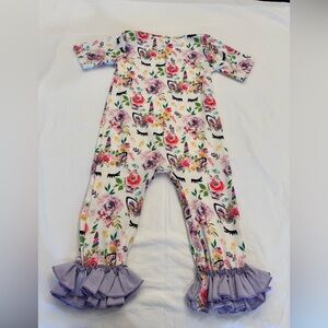Boutique Floral Unicorn Romper with Ruffle Cuffs - Size 3
